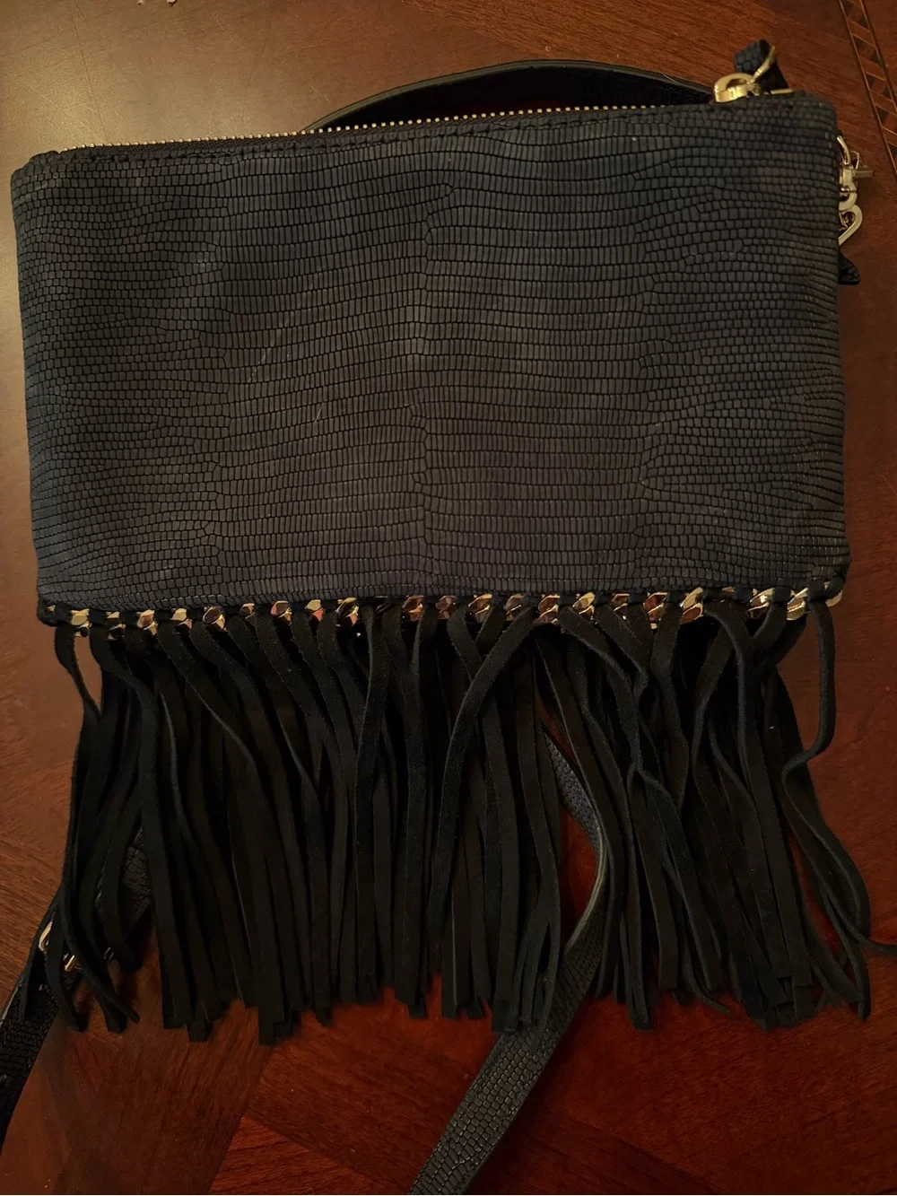 Henri Bendel Black Leather Lizard Embossed Black Fringed Crossbody Bag